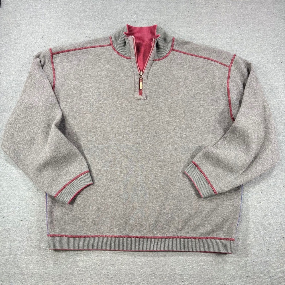 Tommy Bahama Quarter Zip Pullover Mens Adult XL Grey Red Reversible Sweater